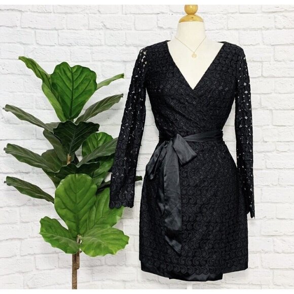 Diane von Furstenberg Sz 8 Black Lace Satin Tie Elegant Formal Wrap Dress RARE - Picture 3 of 14